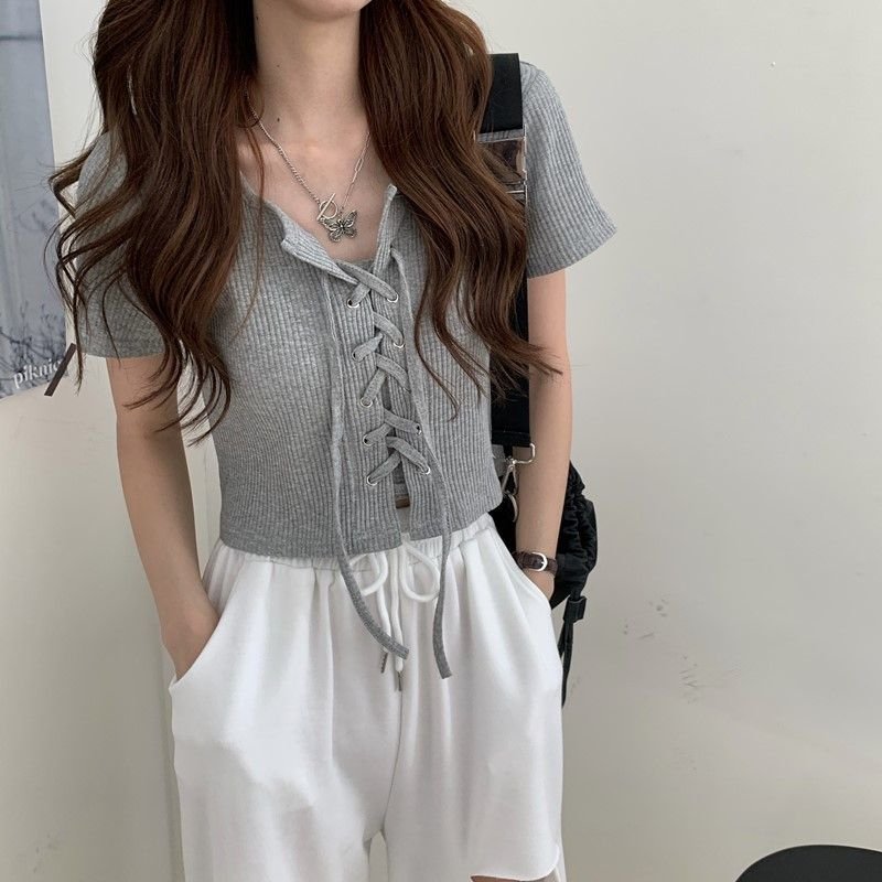 レディース トップス Tシャツ 半袖 オーバーサイズ スリム 春夏 きれいめ レトロ Vネック 春 夏 スクエアネック 上品 シャツ ハイウエスト