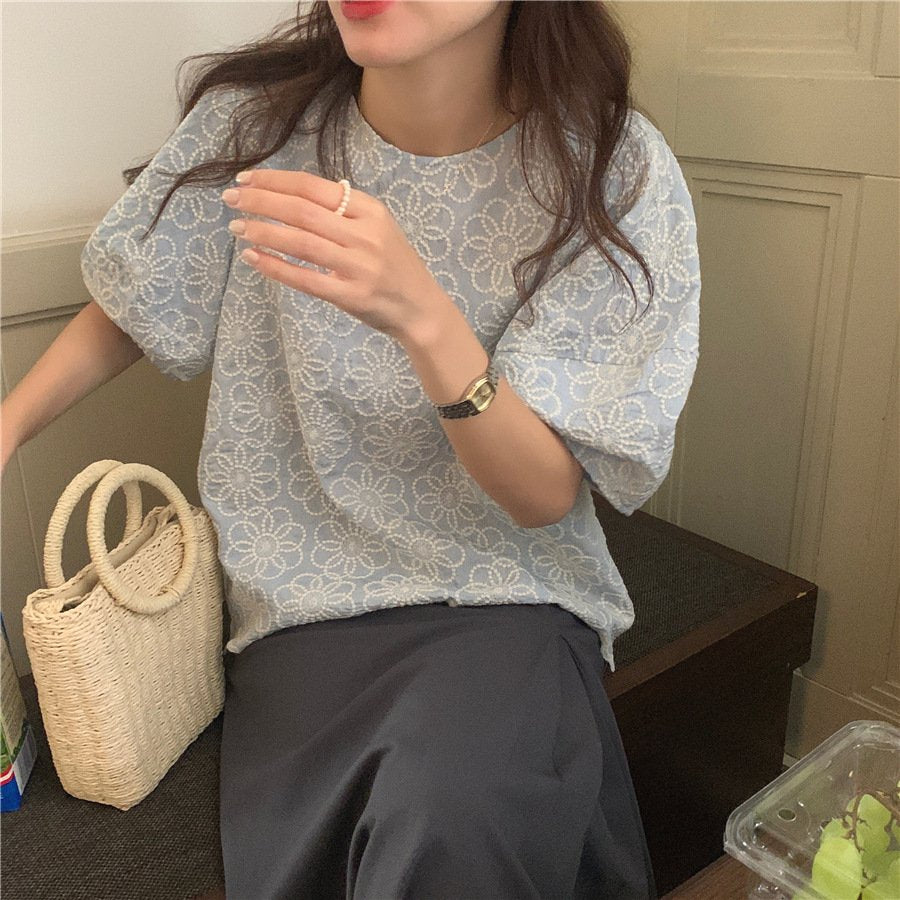 シャツ 半袖 コットン 綿 春夏 前開き 春 夏 ラウンドネック シンプル