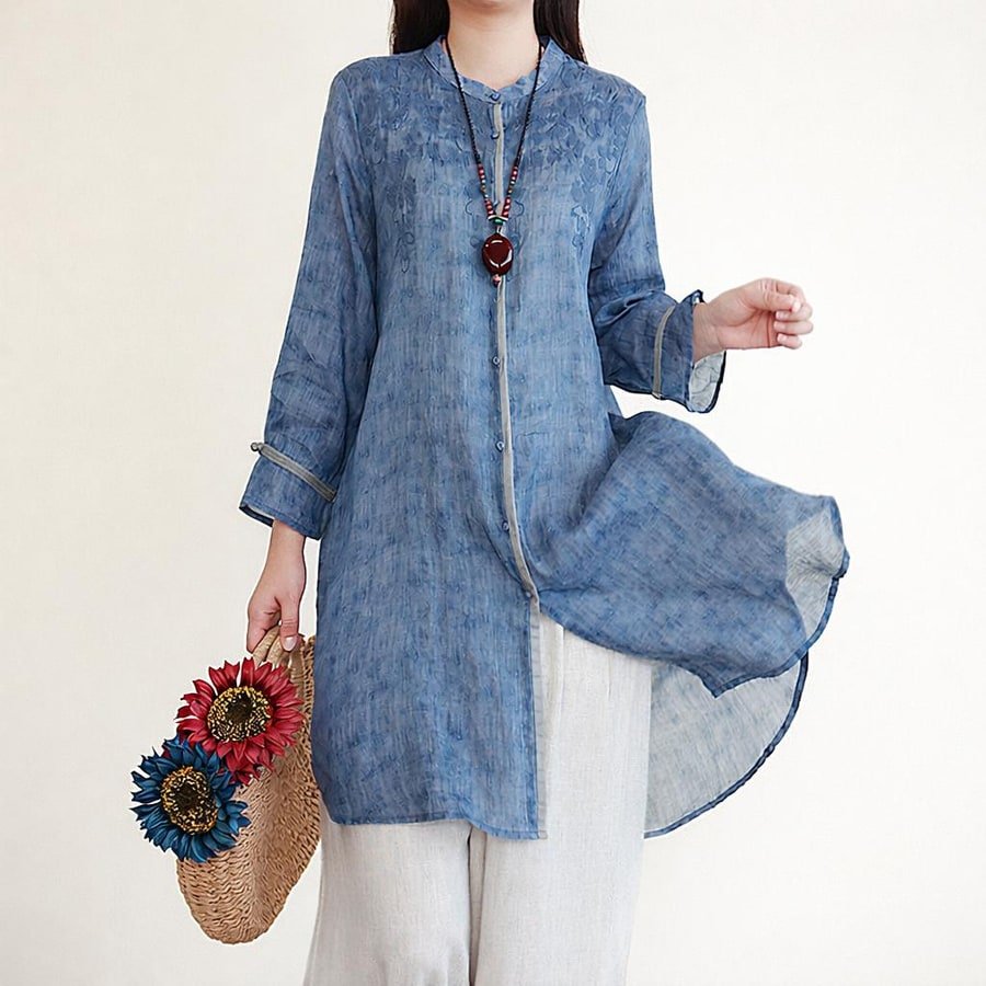 レディース シャツ ジャケット ゆったり 春夏 前開き 春 夏 ラウンドネック 刺繍