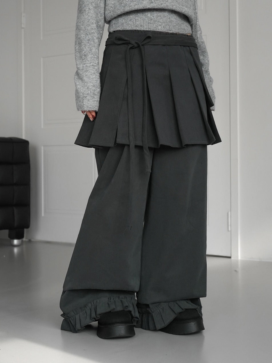 レディース スカート ワイドパンツ パンツ ボトムス ２点セット ワイド Aライン プリーツ フリル リボン ウエストリボン かわいい 大人可愛い おしゃれ ガーリー 主役級 存在感 抜け感 キュート ロマンティック ナチュラル デート お出かけ イベント 女子会 休日 ショッピング カフェ モノトーン 重ね着 体型カバー 美脚 脚長 普段使い 着回し レイヤード トレンド 流行 インスタ映え スタイルアップ スタイリッシュ ゆったり ゆる フリーサイズ ワンサイズ ダークグレー ブラック