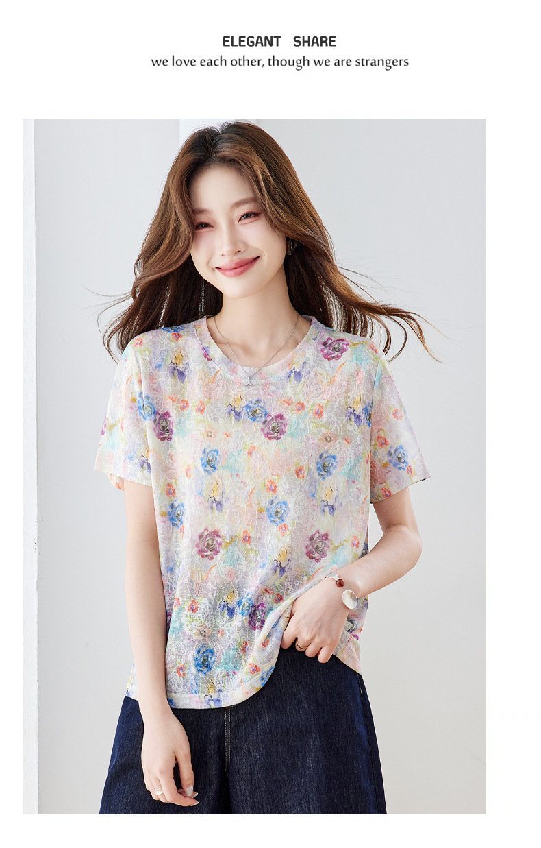 レディース トップス Tシャツ 半袖 花柄 ゆったり スリム 春夏 きれいめ おしゃれ 春 夏 膝丈 ラウンドネック 上品 クルーネック シャツ ラフ
