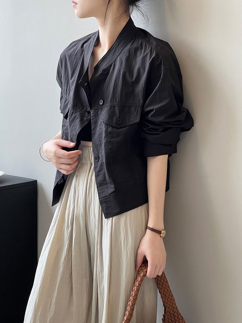 レディース シャツ コート 長袖 夏 韓国風 春夏 前開き ショート 薄手 スタンドカラー アウター ボタン ポリエステル