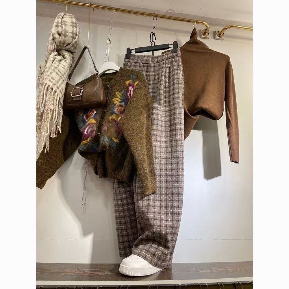 レディース パンツ ボーダー ストライプ チェック柄 ゆったり スリム 春 秋冬 カジュアル ミニ 秋 冬 ロング ストレート ロングパンツ ウール ハイウエスト フェミニン カフェ ストレッチ ポリエステル
