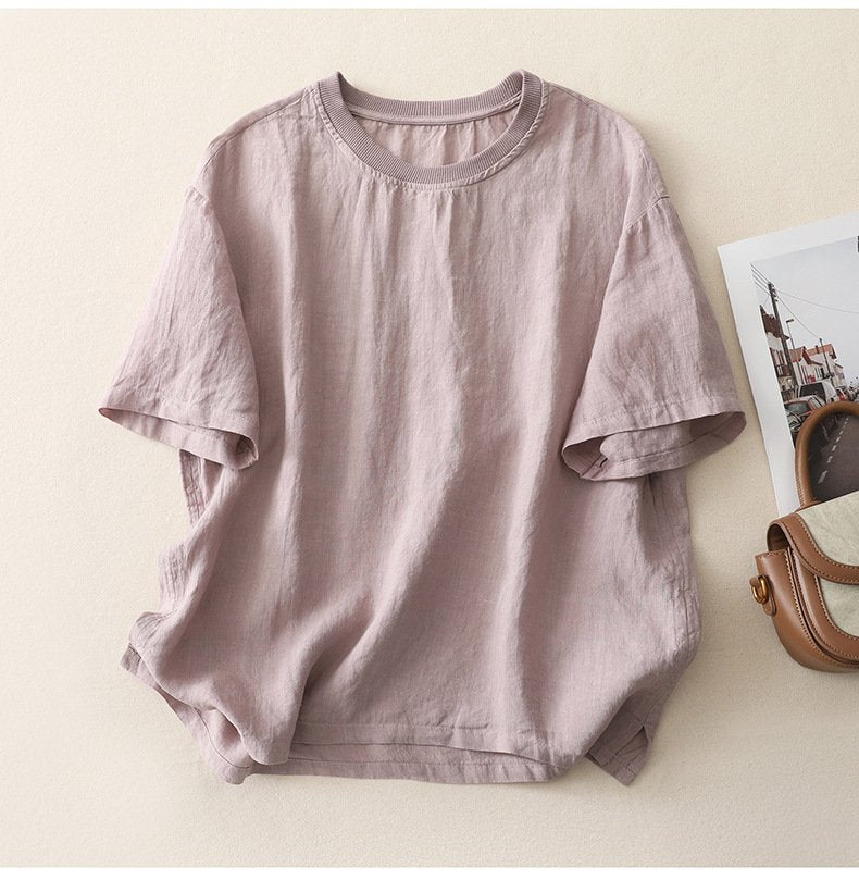 レディース トップス Tシャツ 半袖 無地 ゆったり 春夏 カジュアル レトロ 春 夏 ラウンドネック シンプル シャツ 切り替えデザイン プルオーバー リブ レギュラー ポリエステル