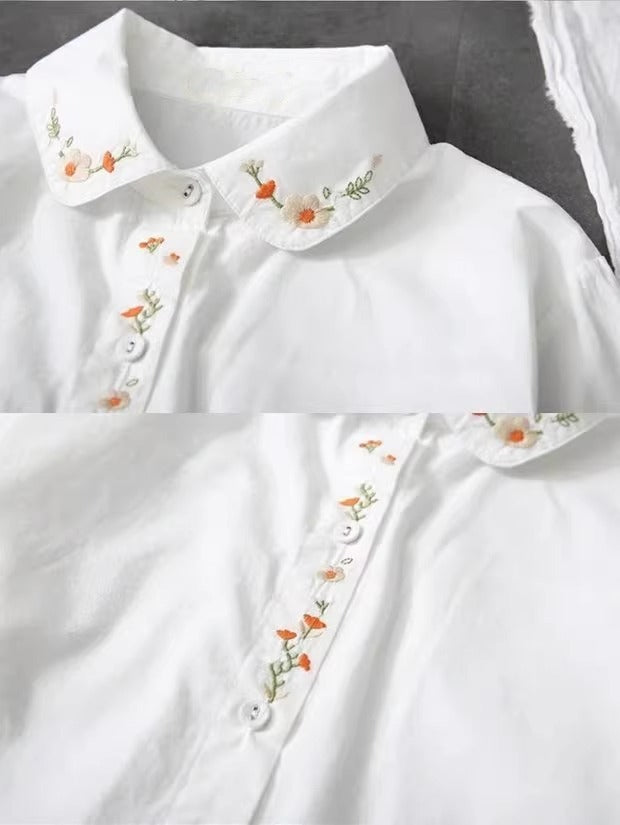 レディース トップス シャツ ブラウス 長袖シャツ 長袖ブラウス 刺繍 襟刺繍 前立て刺繍 ベーシック シンプル 大人カジュアル レイヤードスタイル ガーリースタイル 羽織り 長袖 襟付き 丸襟 かわいい 大人可愛い シンプル カジュアル おしゃれ こなれ感 ラフ ガーリー 主役級 存在感 キュート ナチュラル 花柄 フラワー リーフ 春 秋 ロングシーズン デート お出かけ 女子会 休日 ショッピング カフェ 重ね着 普段使い 着回し レイヤード S M L XL 2XL 白 ホワイト