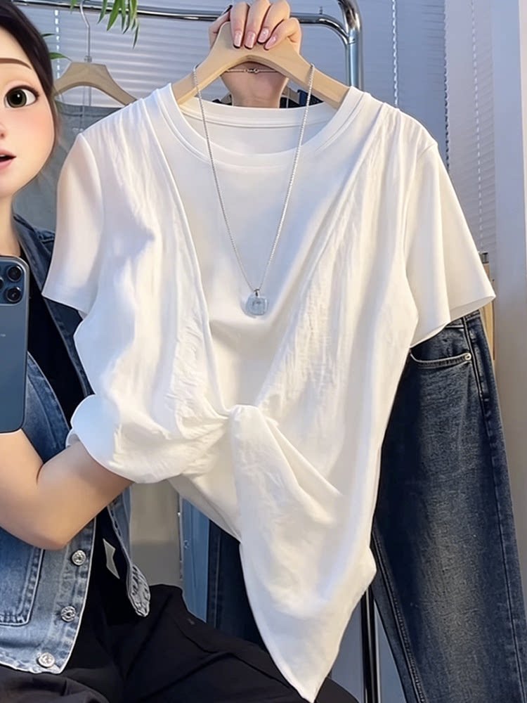 レディース Tシャツ 半袖 ゆったり コットン 綿 春夏 カジュアル 体型カバー 春 夏 ラウンドネック シャツ 切り替えデザイン レイヤード タイ レギュラー