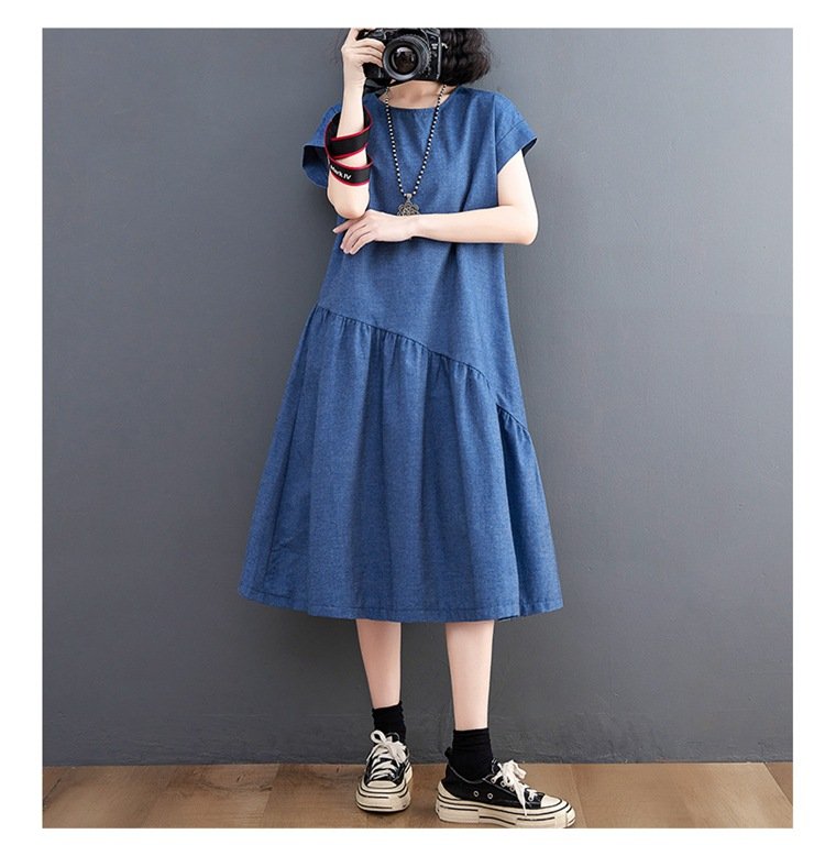 ワンピース 半袖 デニム 夏 春夏 ラウンドネック ロング 上品 大きい ポリエステル