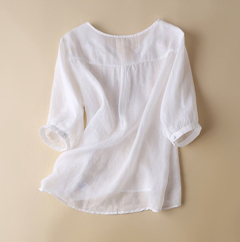 レディース シャツ トップス 半袖 無地 ゆったり コットン 綿 リネン 春夏 レトロ 前開き Vネック 春 夏 シンプル 刺繍 エレガント 麻 レギュラー