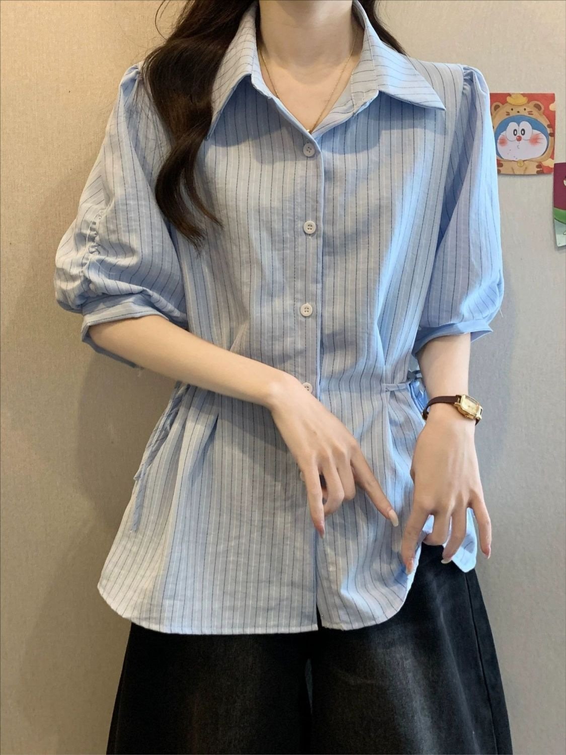 レディース シャツ トップス 半袖 ボーダー ストライプ スリム 春夏 きれいめ 通勤 大きいサイズ 前開き 春 夏 ロング 襟付き ブルー タイ ボタン ポリエステル