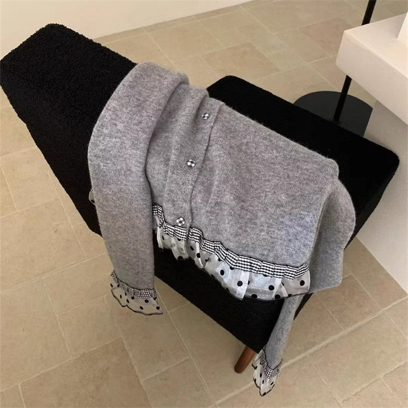 トップス ニット カーディガン 長袖 秋冬 秋 カジュアル ミニ ショート 膝丈 ラウンドネック レース 冬 切り替えデザイン セーター フェミニン ボタン