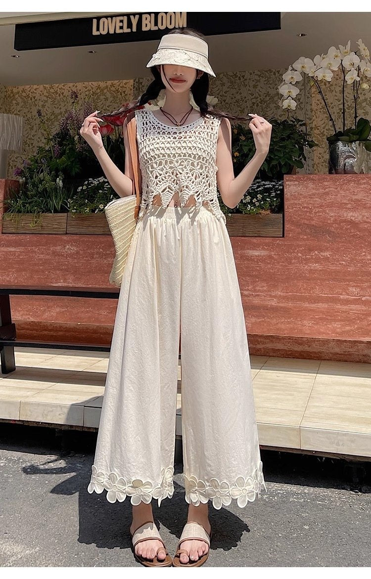 レディース パンツ 花柄 ゆったり ワイド 春夏 カジュアル きれいめ 春 夏 レース ブラック 上品 ロング ワイドパンツ ストレッチ ポリエステル 森ガール