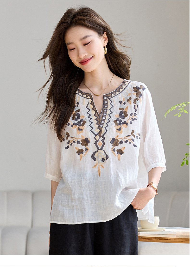 レディース シャツ トップス Tシャツ 半袖 ゆったり リネン 春夏 体型カバー 前開き Vネック 春 夏 膝丈 ママ 刺繍 切り替えデザイン プルオーバー