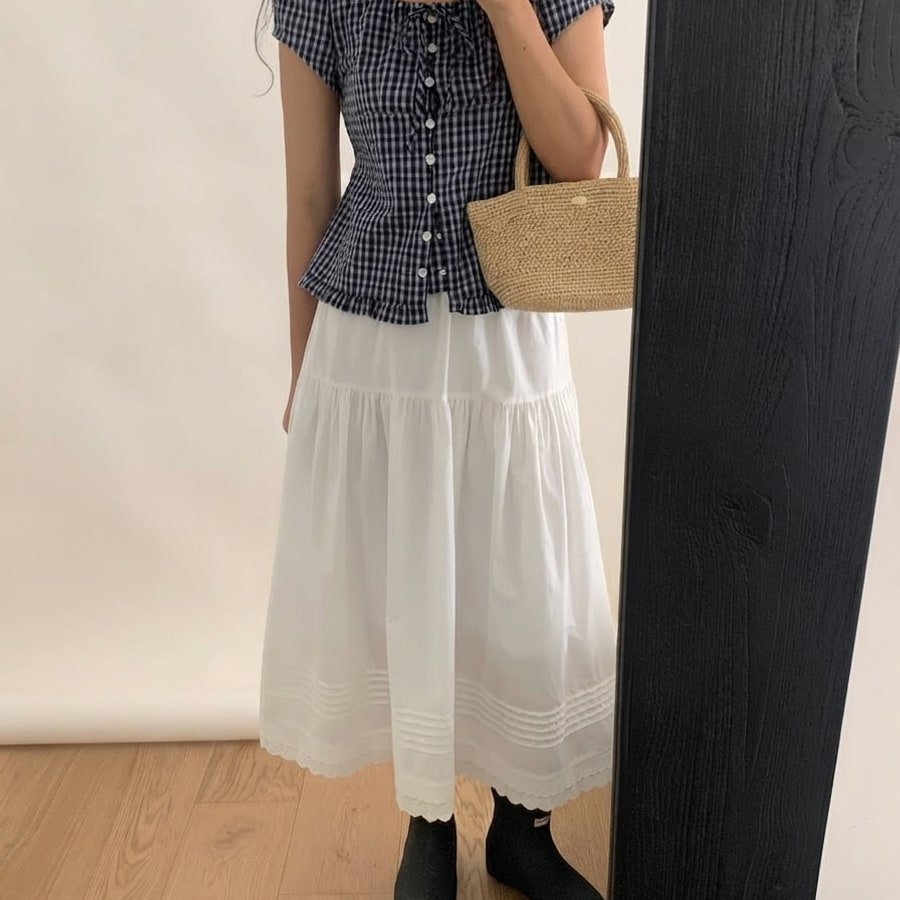 シャツ 半袖 チェック柄 春夏 前開き 春 夏 ラウンドネック フリル