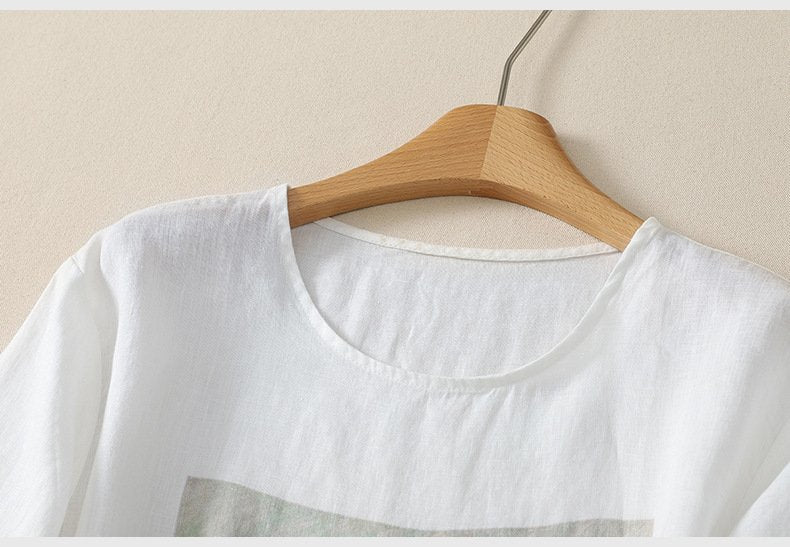トップス Tシャツ 半袖 プリント ゆったり コットン 綿 リネン 春夏 きれいめ レトロ 通勤 体型カバー 春 夏 ラウンドネック シャツ 都会的 レギュラー 丸首
