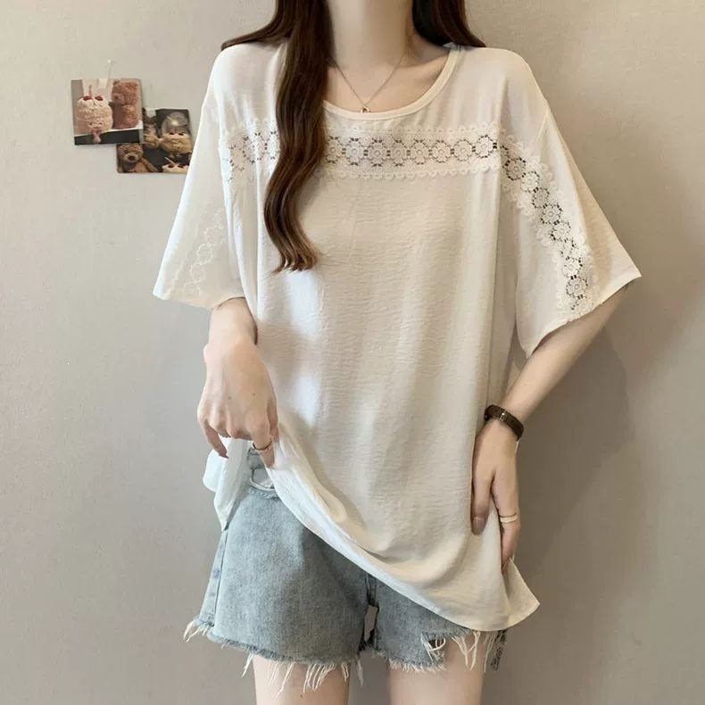 レディース シャツ トップス Tシャツ 半袖 無地 ゆったり 春夏 きれいめ 通勤 大きいサイズ おしゃれ 体型カバー 前開き 春 夏 ラウンドネック タイト レース シンプル 細身 シフォン タイ 都会的 レギュラー 着痩せ