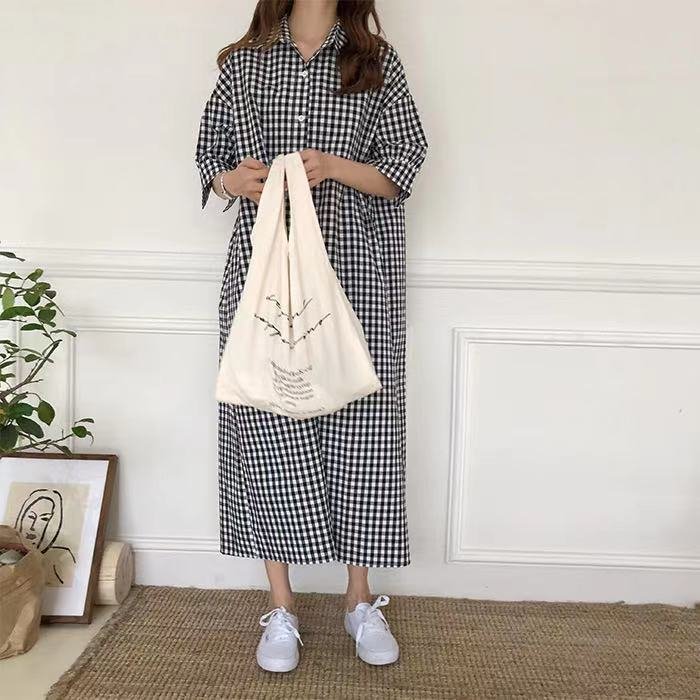 ワンピース 半袖 チェック柄 春夏 春 夏 膝下 ロング コットン アクリル