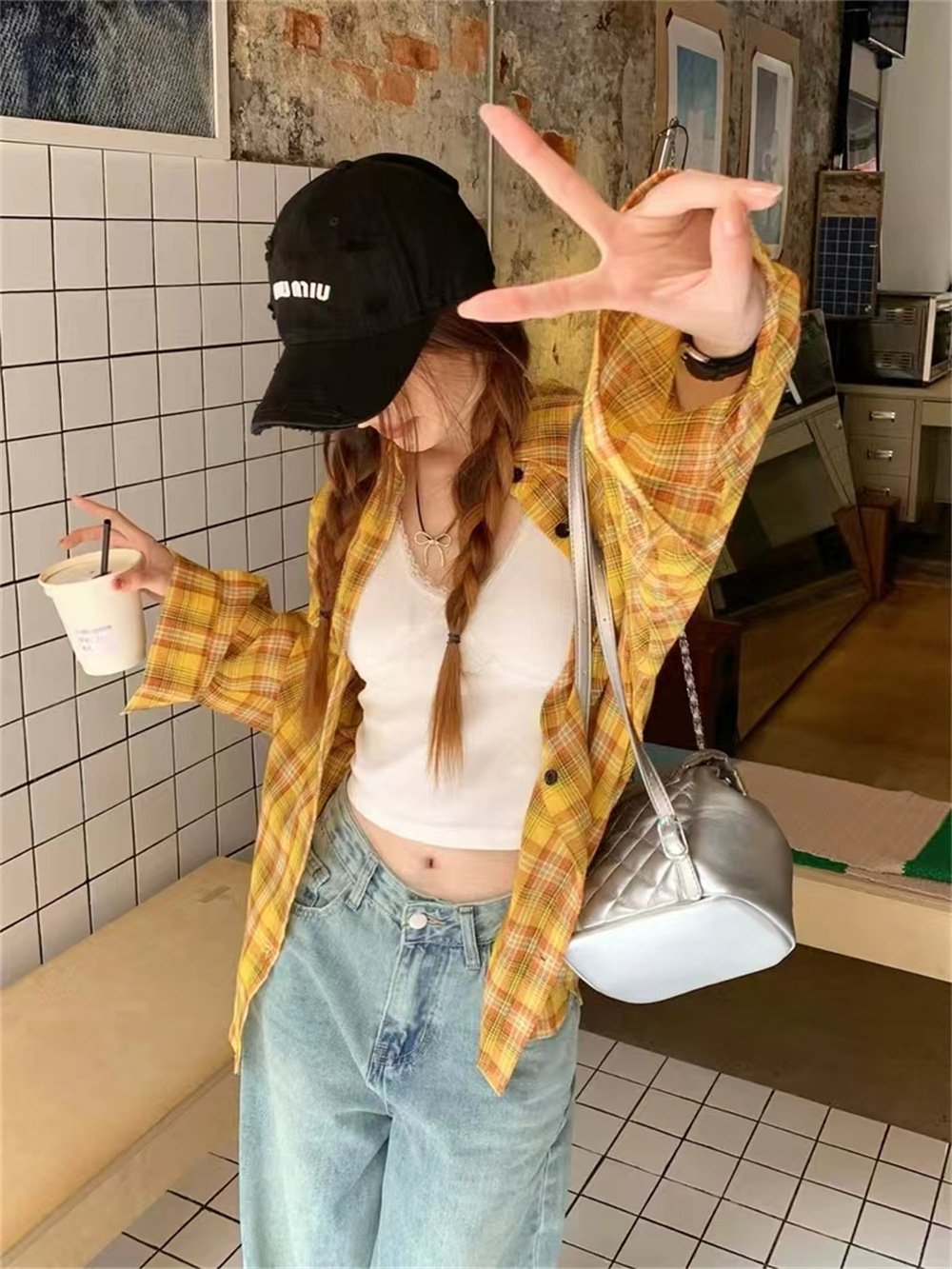レディース シャツ ジャケット 長袖 ボーダー ストライプ チェック柄 ゆったり 春夏 カジュアル レトロ 前開き 春 夏 ミモレ 薄手 黄色 切り替えデザイン タイ ポリエステル