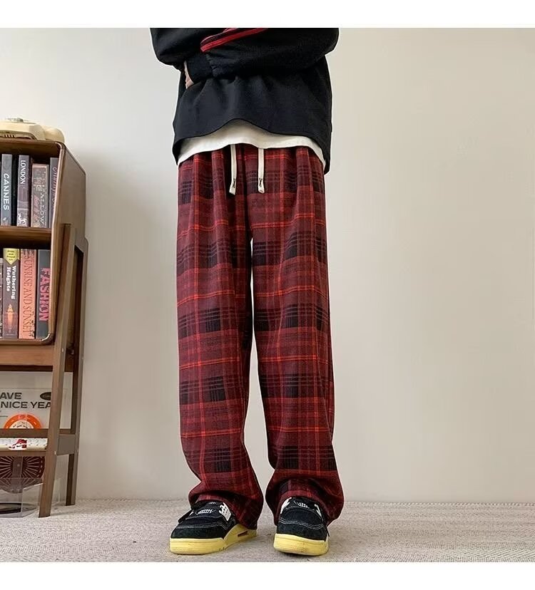 パンツ チェック柄 ワイド 春 秋冬 カジュアル 秋 冬 ストレート ヴィンテージ ポリエステル