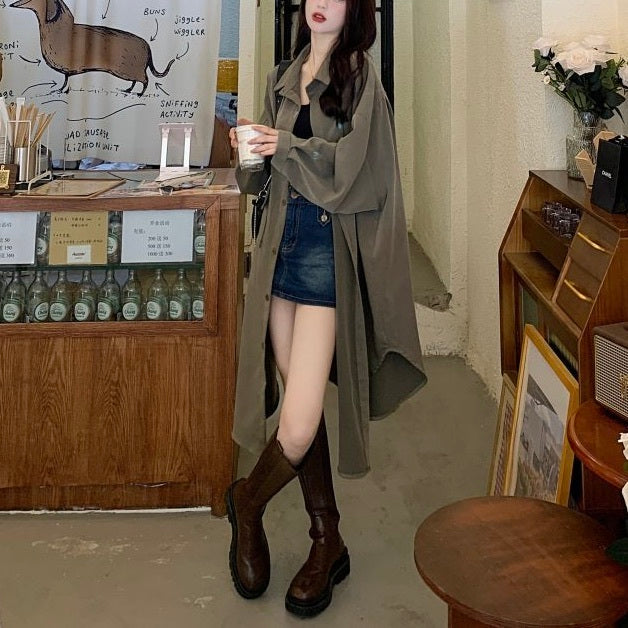 レディース コート アウター 上着 ロングコート キ シャツコート ロング 長袖 Vネック 襟付き 角襟 オーバーサイズ  フェミニン ストリート 前開き アメカジ きれいめ シンプル カジュアル 上品 おしゃれ こなれ感 ラフ メンズライク マニッシュ スポーティー ナチュラル 無地 春 秋 お出かけ 休日 楽ちん 暖かい 防寒 体型カバー 普段使い 着回し レイヤード トレンド 流行 定番 L XL 2XL 3XL 4XL 小さいサイズ 大きいサイズ ビッグ ゆったり ゆる 黒 ブラック カーキ