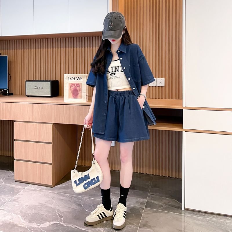 シャツ パンツ ゆったり デニム 春夏 カジュアル 大きいサイズ 前開き 春 夏 ハーフ セットアップ ポリエステル