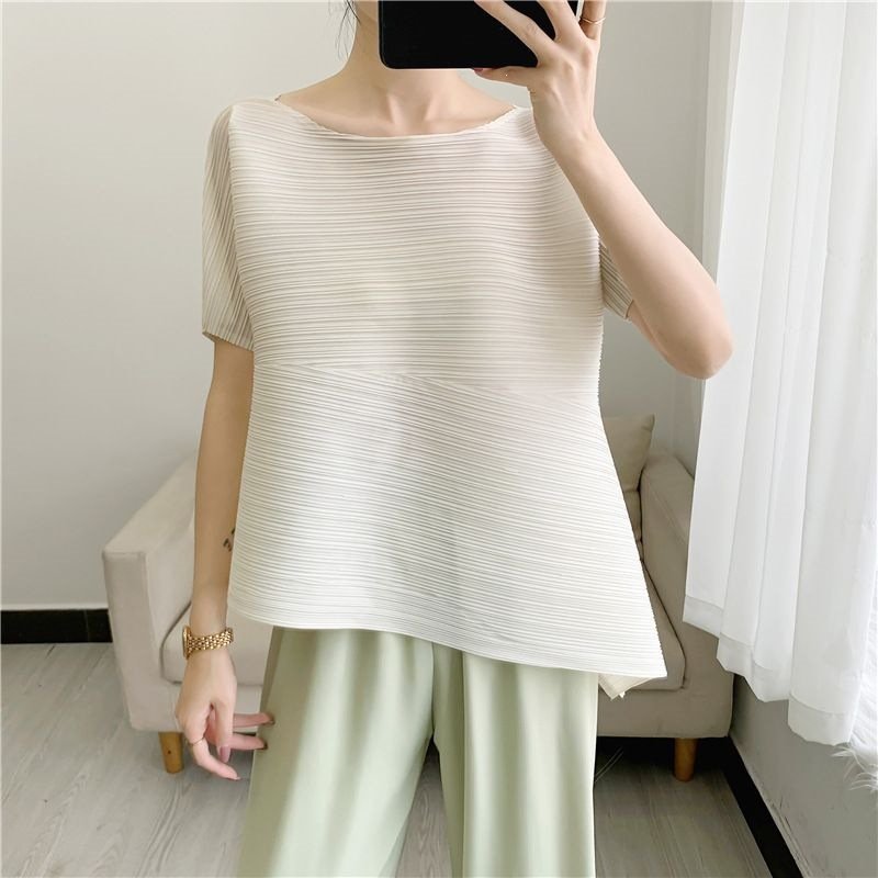 レディース シャツ Tシャツ 半袖 無地 スリム 春夏 カジュアル きれいめ 通勤 前開き プリーツ 春 夏 タイト シンプル 細身 オフショルダー タイ 都会的 レギュラー ポリエステル 快適 着痩せ