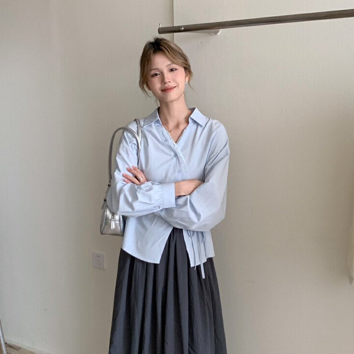 レディース シャツ 長袖 無地 春夏 韓国風 前開き 春 夏 レース シンプル 切り替えデザイン 個性的 タイ
