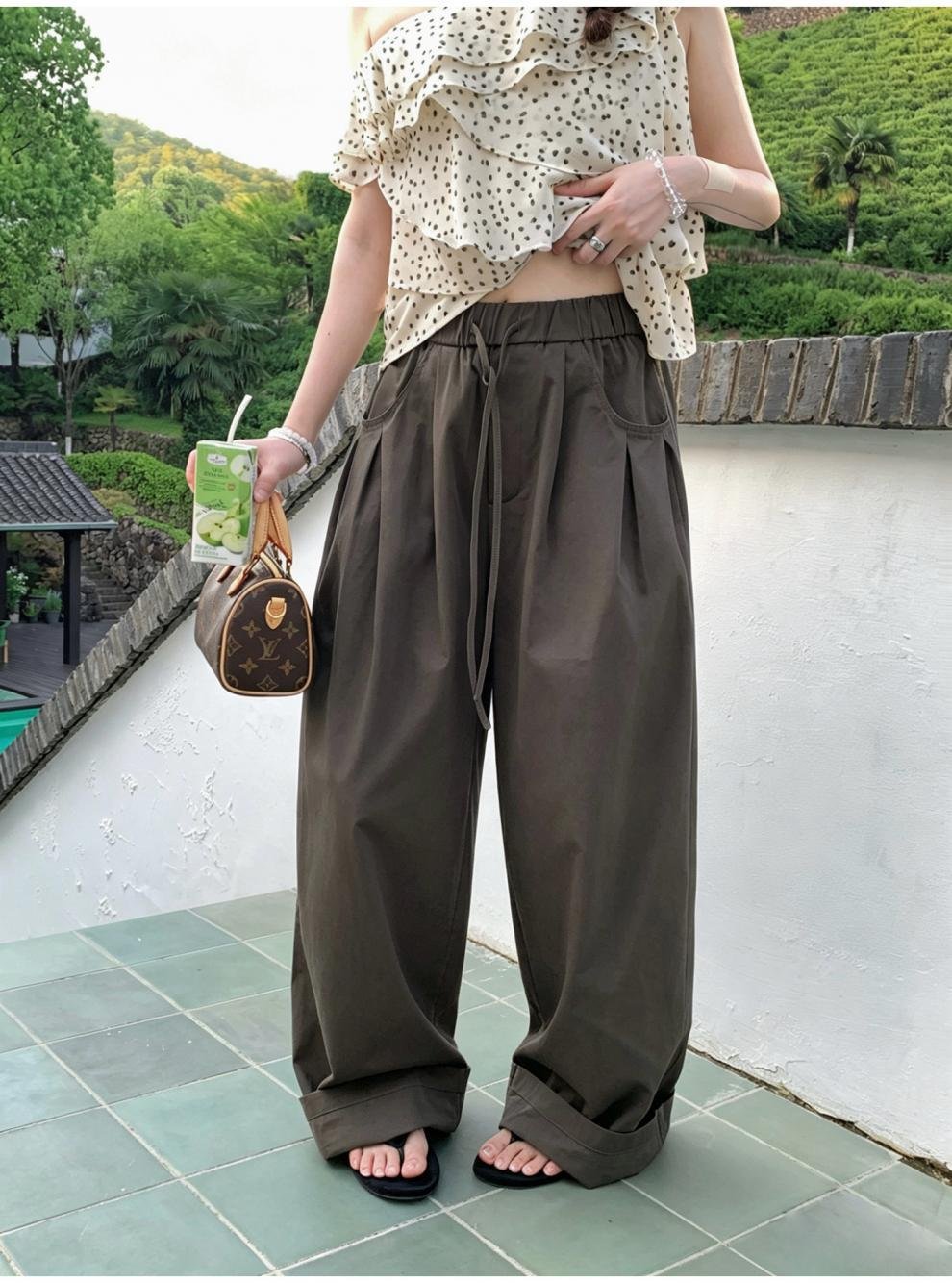 レディース パンツ 無地 ワイド コットン 綿 春夏 カジュアル きれいめ 通勤 春 夏 シンプル ロング グレー ワイドパンツ ウエストゴム 都会的 グリーン