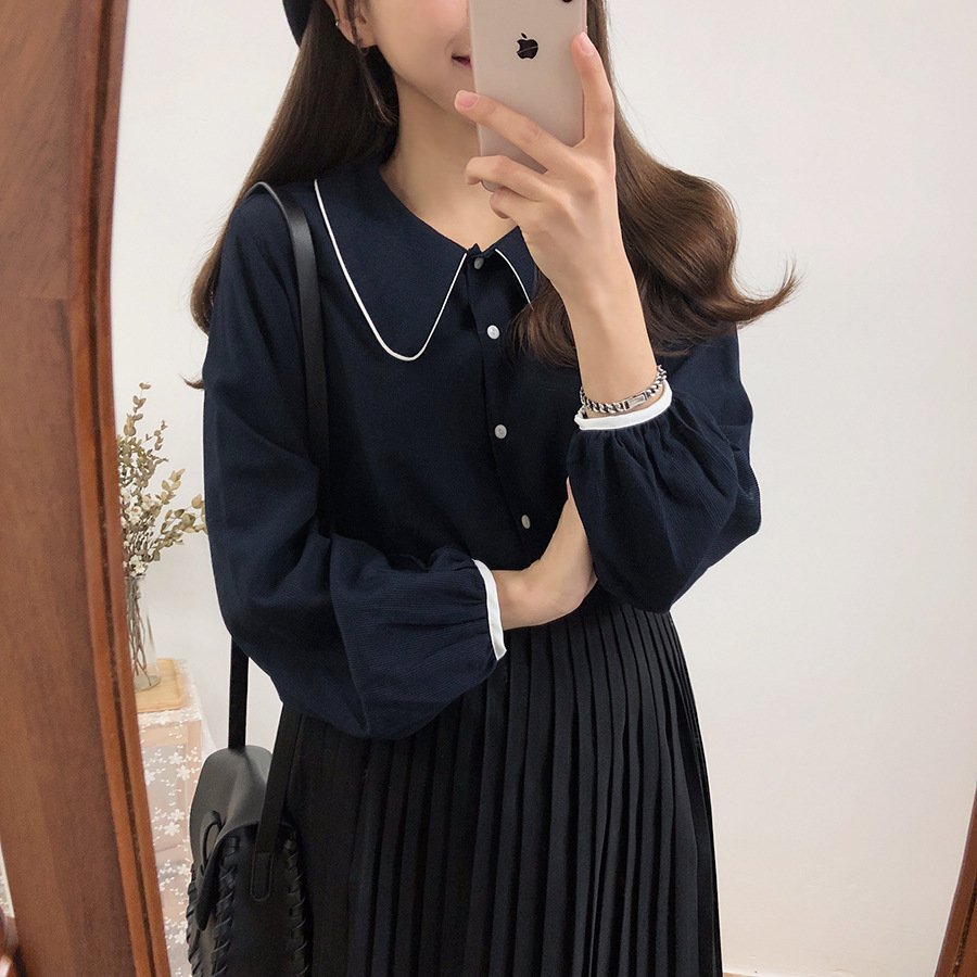 シャツ 長袖 無地 きれいめ レトロ 通勤 前開き シンプル 上品 切り替えデザイン ポリエステル