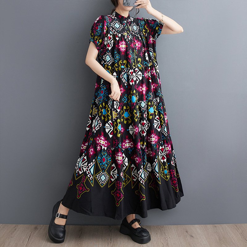ワンピース 半袖 夏 カジュアル 春夏 ラウンドネック 上品 大きい ポリエステル ゆったり