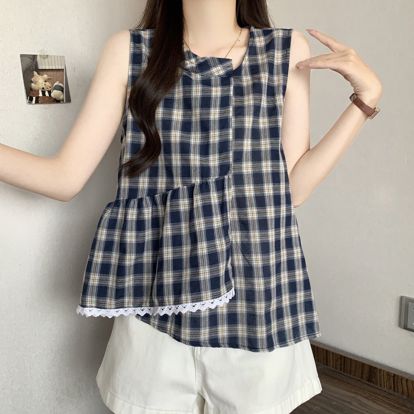 レディース シャツ チェック柄 春夏 きれいめ 大きいサイズ 前開き 春 夏 レース 上品 フリル Aライン レギュラー ポリエステル