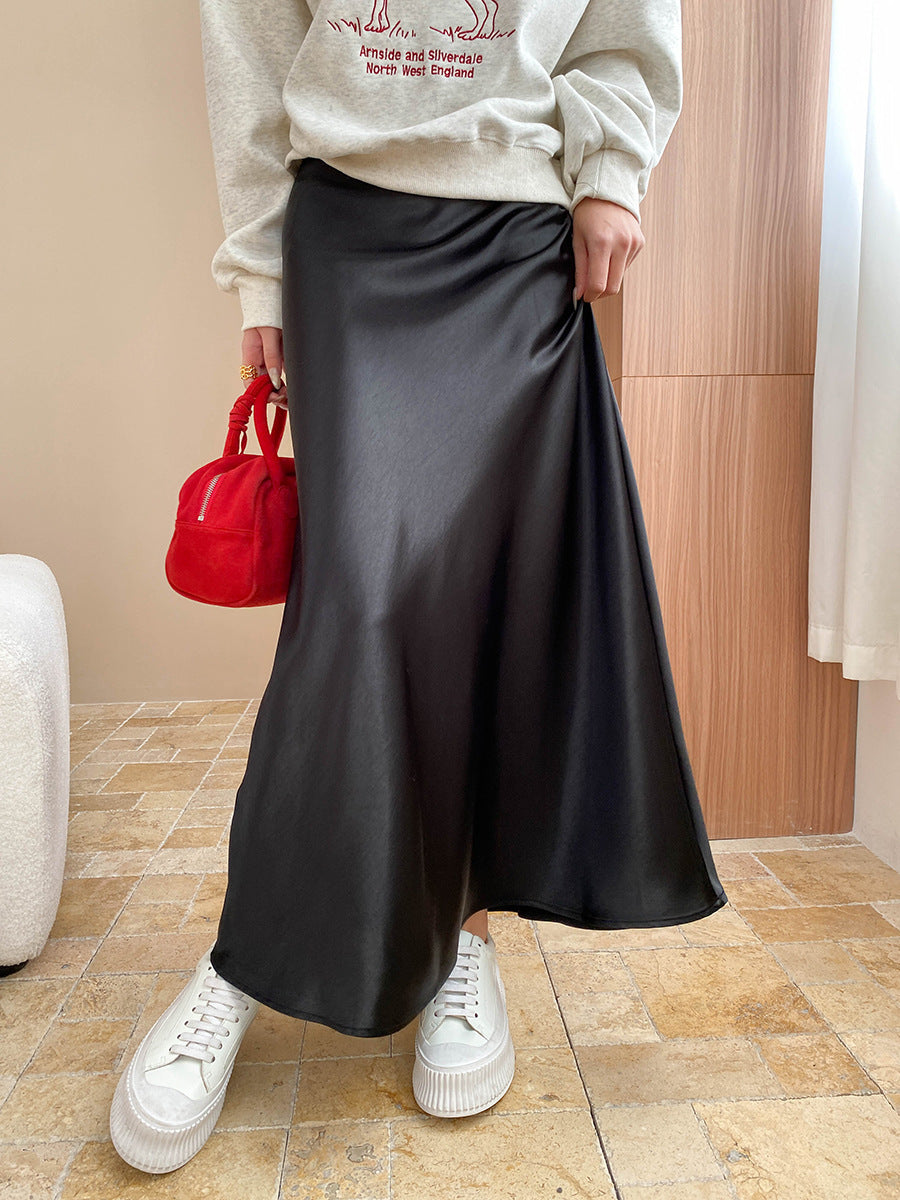 レディース スカート ロングスカート 膝下 ロング Aライン ドレープ ハイウエスト ウエストゴム 大人可愛い きれいめ シンプル カジュアル おしゃれ こなれ感 都会的 ラグジュアリー ナチュラル 無地 春 秋 ママ 通勤 学生 学校 通学 デート お出かけ 旅行 レストラン 女子会 休日 ホテル ショッピング カフェ 普段使い 着回し M L ブラック ダークグレー オフホワイト ベージュ レッド