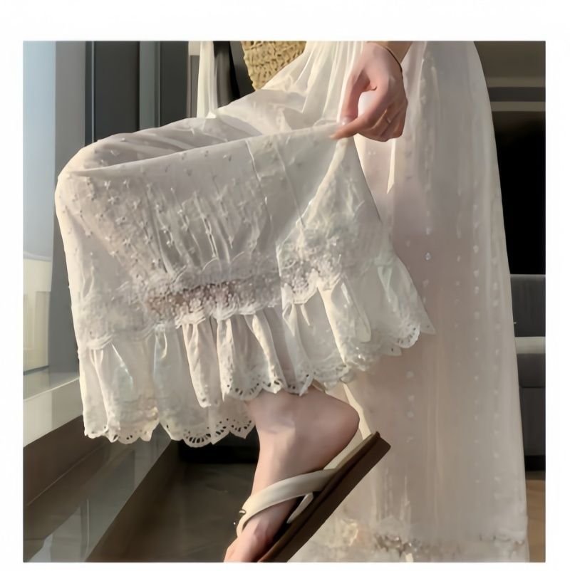 レディース パンツ ワイド スリム 春夏 カジュアル 春 白 夏 レース 刺繍 ストレート ワイドパンツ 薄手 切り替えデザイン ハイウエスト ポリエステル