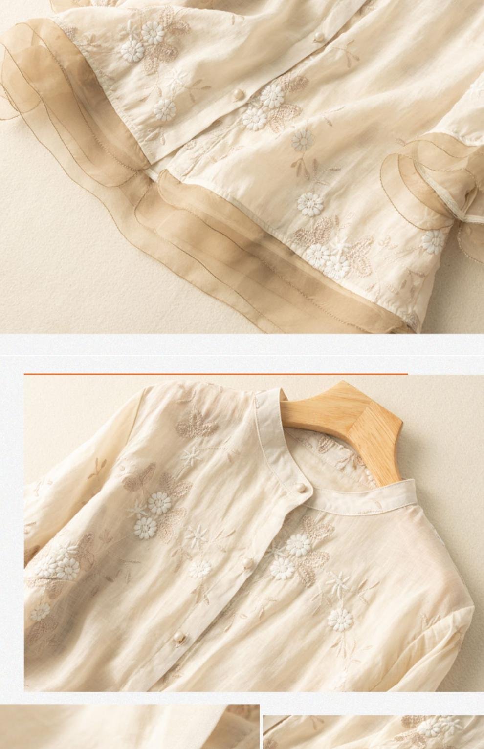 レディース ブラウス シャツ トップス ゆったり コットン 綿 麻 春夏 レトロ 前開き 春 夏 レース 刺繍 スタンドカラー レギュラー