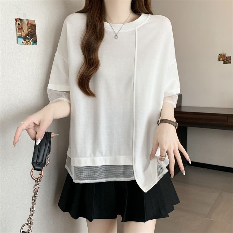 レディース Tシャツ 半袖 ゆったり 春夏 カジュアル 春 夏 ラウンドネック シャツ 切り替えデザイン ステッチ レギュラー