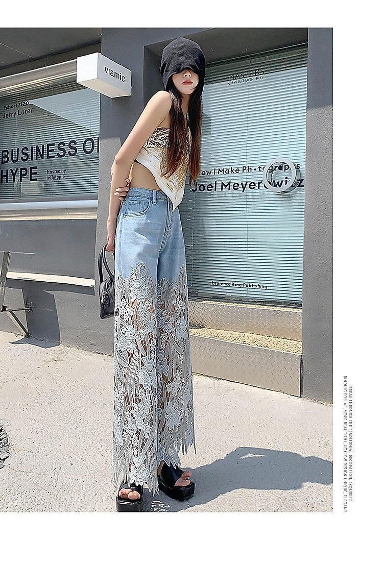 レディース パンツ ゆったり ワイド デニム 春夏 カジュアル 春 夏 レース ストレート デニムパンツ ハイウエスト ストレッチ ポリエステル