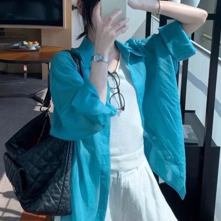 シャツ ジャケット 長袖 無地 ゆったり 春夏 カジュアル 前開き 春 夏 シンプル 薄手 襟付き ブルー レギュラー ボタン ポリエステル UVカット