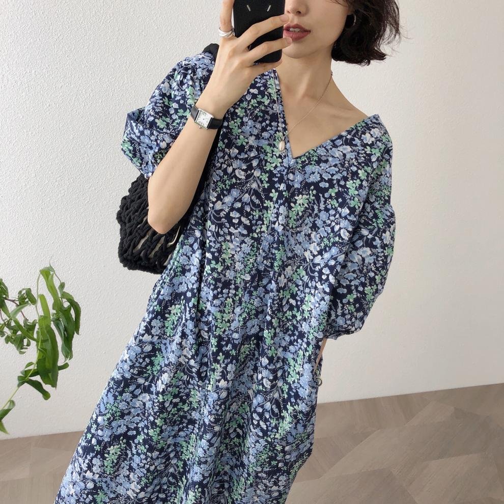 ワンピース 長袖 花柄 無地 春夏 Vネック 春 白 夏 シンプル ロング パフスリーブ