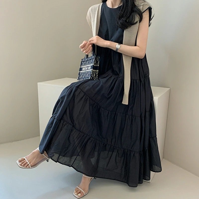 ドレス ノースリーブ ボーダー ストライプ 無地 秋 冬 袖なし ラウンドネック シンプル リゾート ロング フリル 切り替えデザイン