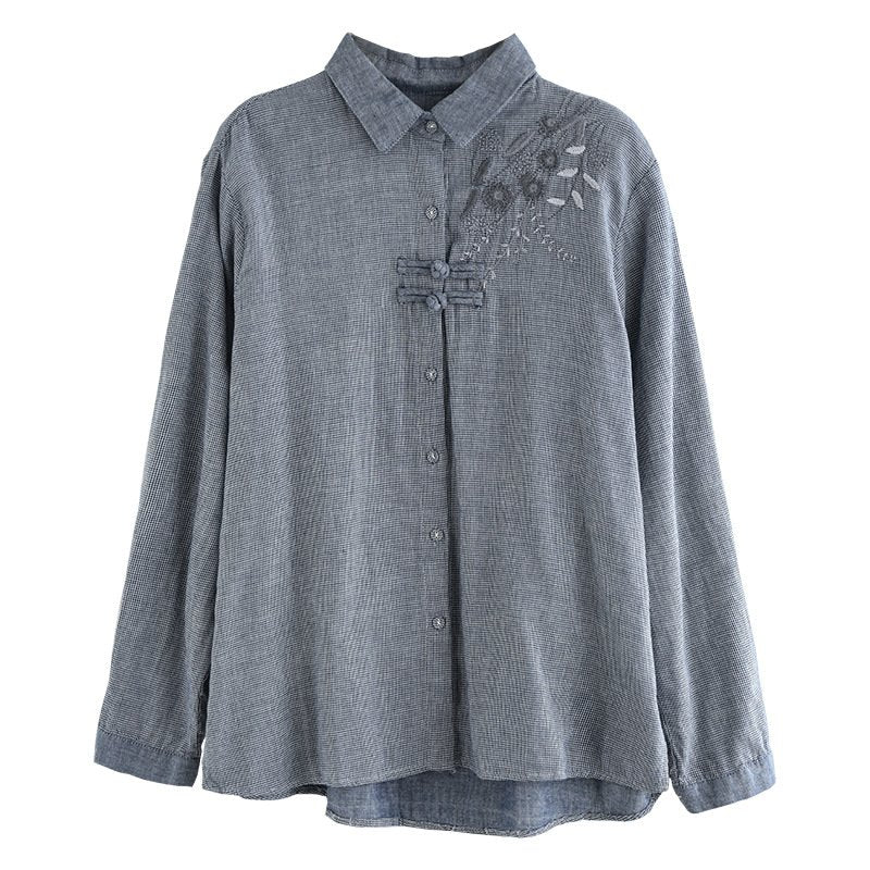 レディース ブラウス シャツ トップス 長袖 チェック柄 ゆったり コットン 綿 麻 春 レトロ 体型カバー 春夏 前開き 膝丈 刺繍 グレー エスニック ブルー チャイナ グレーブルー ボタン