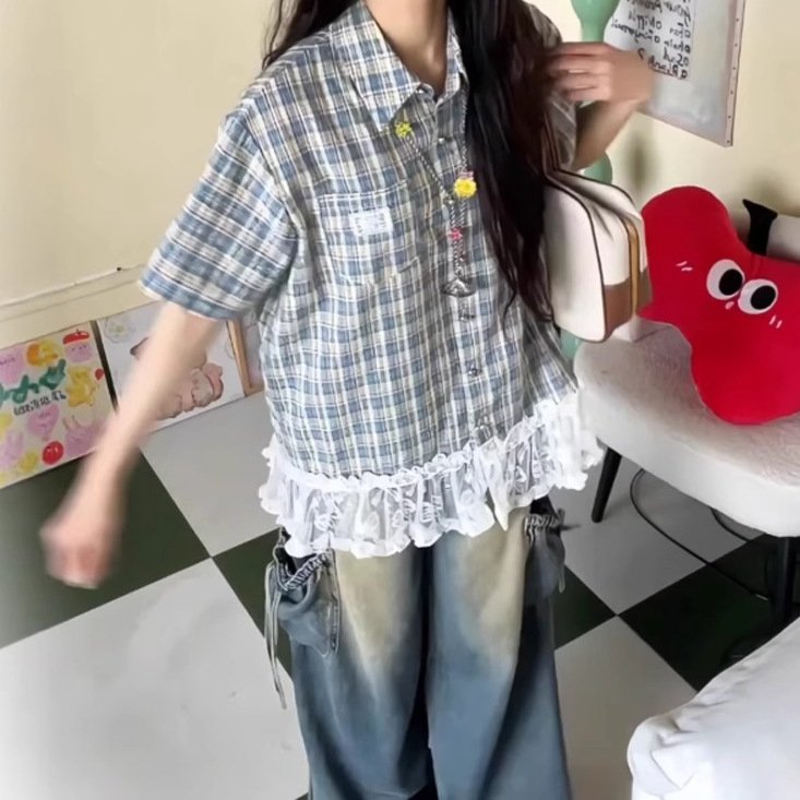 レディース ブラウス シャツ トップス 半袖 チェック柄 ゆったり 夏 韓国風 大きいサイズ 春夏 前開き レース