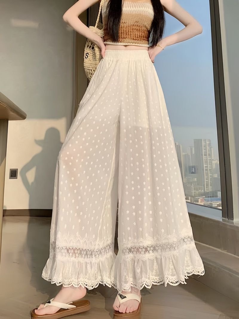 レディース パンツ ワイド スリム 春夏 カジュアル 春 白 夏 レース 刺繍 ストレート ワイドパンツ 薄手 切り替えデザイン ハイウエスト ポリエステル