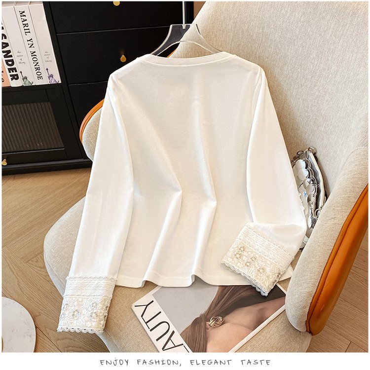 レディース Tシャツ 長袖 無地 春夏 きれいめ 春 白 夏 膝丈 ラウンドネック レース シンプル 上品 シャツ 切り替えデザイン ポリエステル