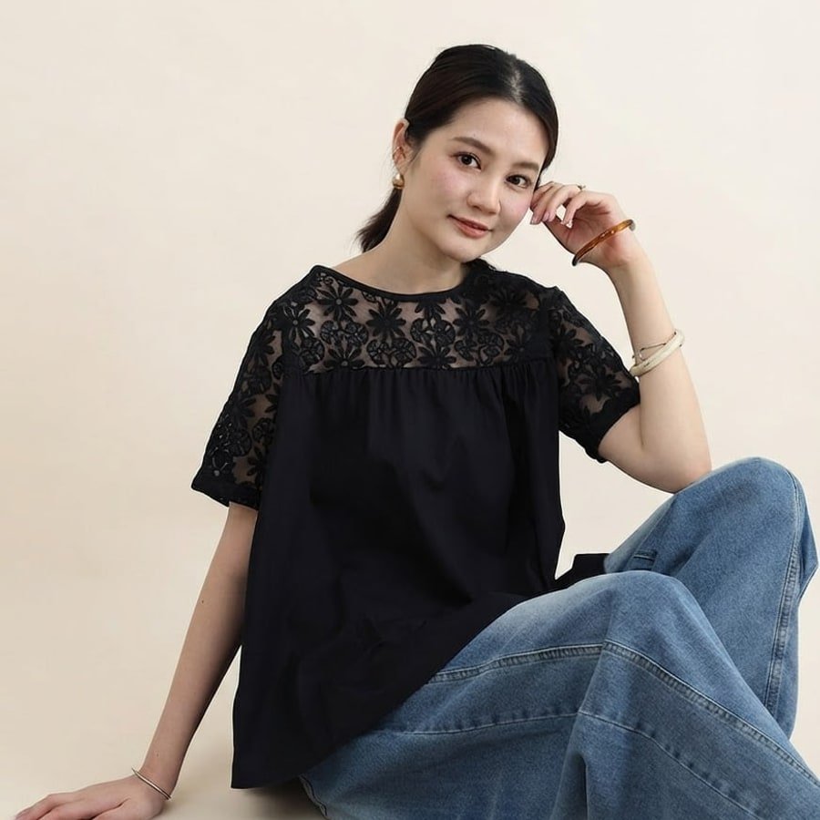 シャツ トップス Tシャツ 半袖 無地 ゆったり 春夏 きれいめ 通勤 大きいサイズ 前開き 春 夏 ラウンドネック レース シンプル 上品