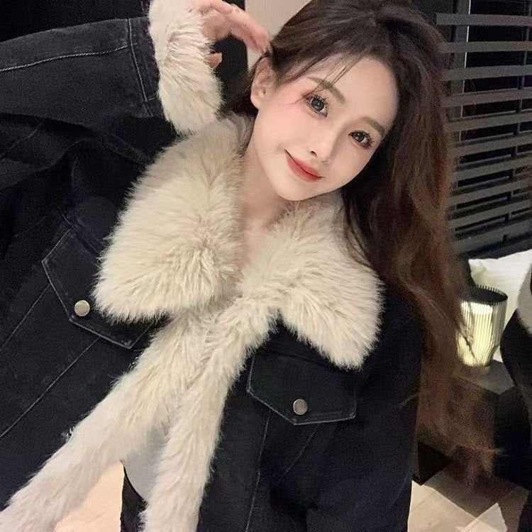 レディース ジャケット 長袖 コットン 綿 デニム 秋冬 秋 ショート 冬 黒 ファー フェイクファー 厚手 裏起毛 ステッチ ポリエステル デニムジャケット