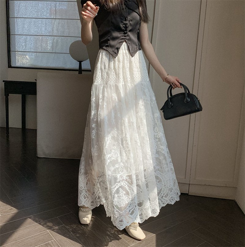 レディース スカート 無地 春夏 カジュアル 春 夏 レース 上品 ロング 切り替えデザイン ハーフ ハイウエスト ストレッチ ロングスカート