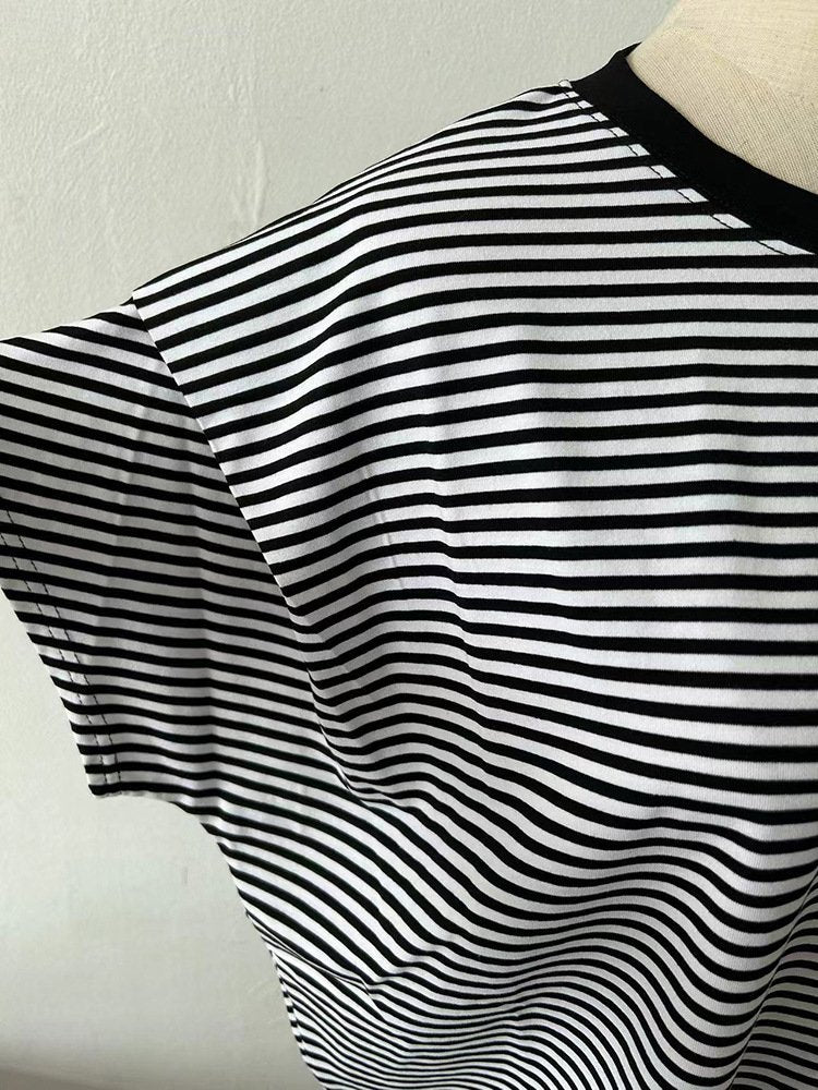 レディース トップス Tシャツ ニット 半袖 ボーダー ストライプ チェック柄 ゆったり コットン 綿 夏 体型カバー 春夏 膝丈 ラウンドネック シャツ