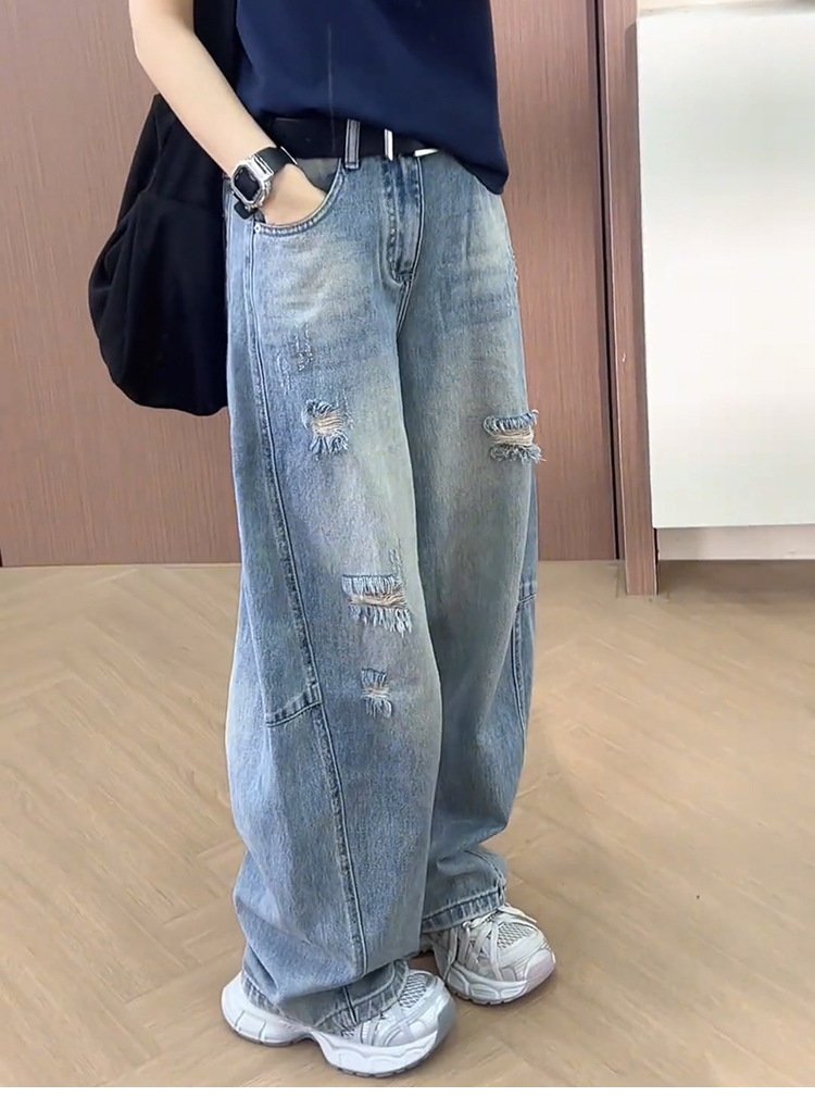 レディース パンツ ゆったり ワイド コットン 綿 デニム 夏 秋冬 カジュアル 大きいサイズ 秋 冬 スリム ロング ストレート ロングパンツ デニムパンツ ハイウエスト ダメージ