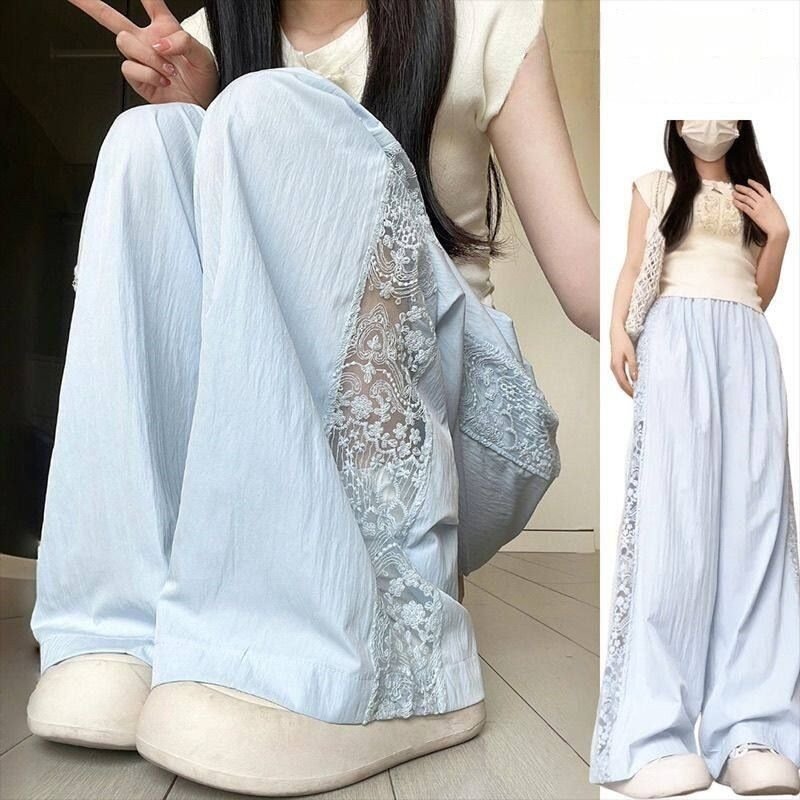 レディース パンツ ゆったり ワイド 春夏 カジュアル 大きいサイズ 春 夏 レース スリム ロング ワイドパンツ 薄手 切り替えデザイン 速乾 ポリエステル