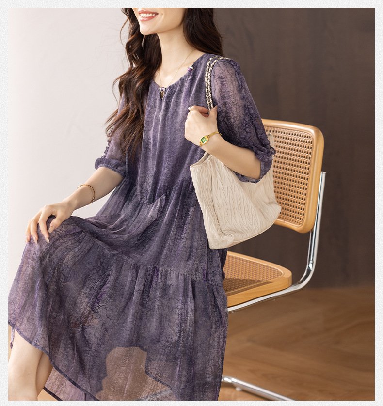 ワンピース 半袖 春夏 きれいめ 春 夏 ラウンドネック ミモレ シフォン 上品 ハイウエスト