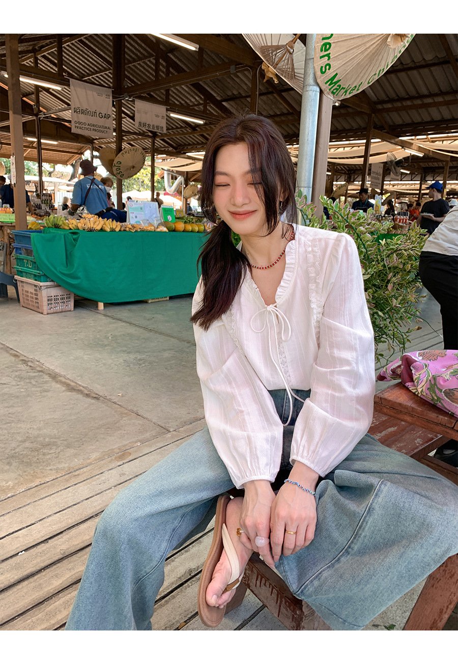 レディース ブラウス シャツ 長袖 無地 コットン 綿 春夏 きれいめ 通勤 オフィス 前開き 春 白 夏 秋 レース シンプル 上品 プルオーバー レースアップ レギュラー 白シャツ